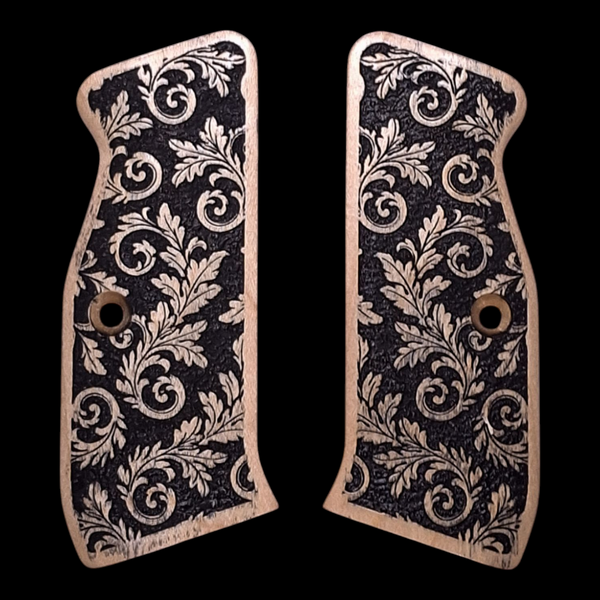 Maple Inked Floral CZ-75 Grips Checkered Engraved Textured