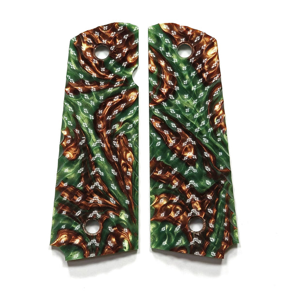 CLEARANCE-Emerald & Copper Full SIze 1911 Grips Textured Checkered Engraved