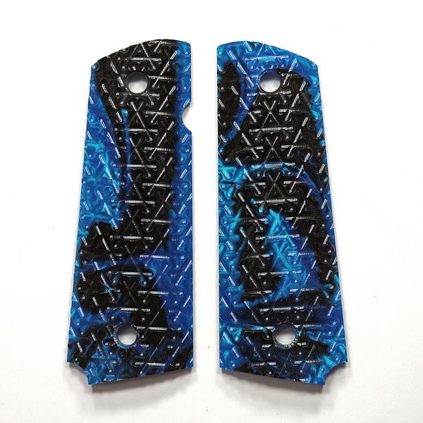 CLEARANCE-Black & Blue Full SIze 1911 Grips Textured Checkered Engraved #3