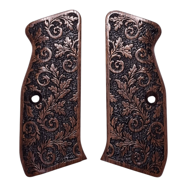 Walnut Inked Floral CZ-75 Grips Checkered Engraved Textured