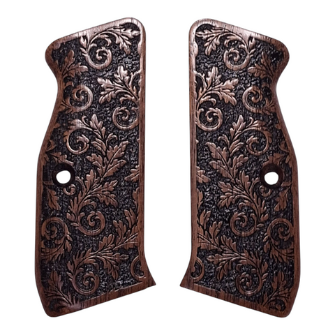 Walnut Inked Floral CZ-75 Grips Checkered Engraved Textured